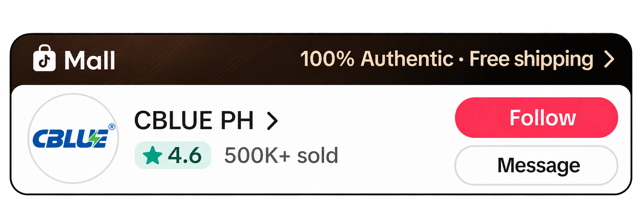 CBLUE PH TikTok Shop storefront showing Mall status, a 4.6 rating, and over 500,000 units sold