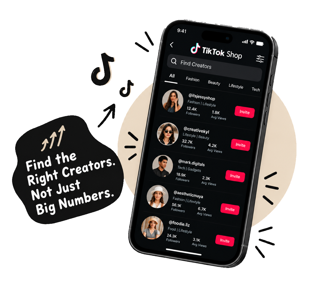 Black smartphone showing a TikTok Shop creator discovery screen, surrounded by a TikTok graphic about finding the right creators